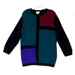 VINTAGE Cricket Lane M Colorblock Crewneck Knit Geometric Sweater 80s Retro USA